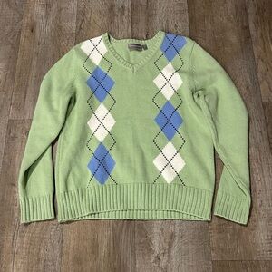 Croft & Barrow Light Green and Blue Argyle V-Neck Sweater Winter Preppy Spring